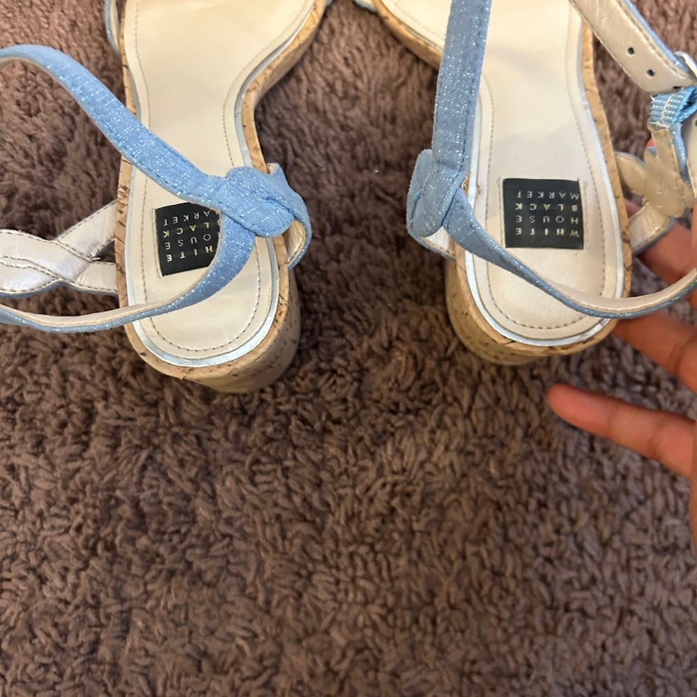2 FOR $25White House Black Market Denim Cork Sandals Heels Chunky Chambray 6 - Picture 3 of 7